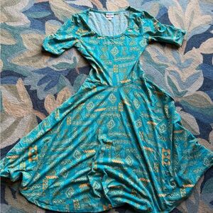 LuLaRoe Teal and Gold Patterned Midi Dress size XS